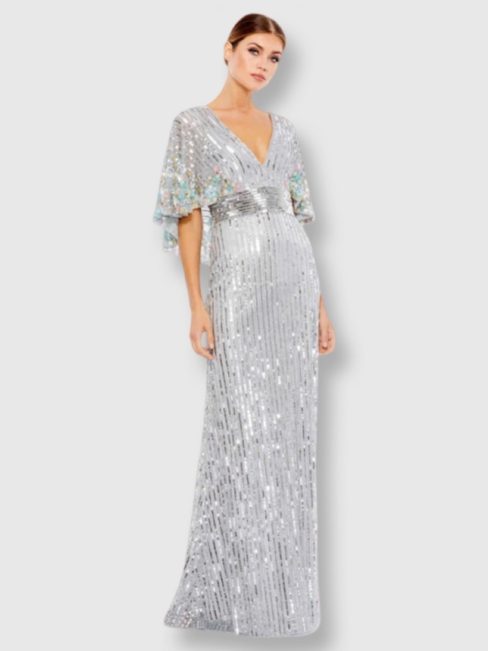 Mac Duggal New V Neck Floral Embellished Cape Sleeve Gown Size 4